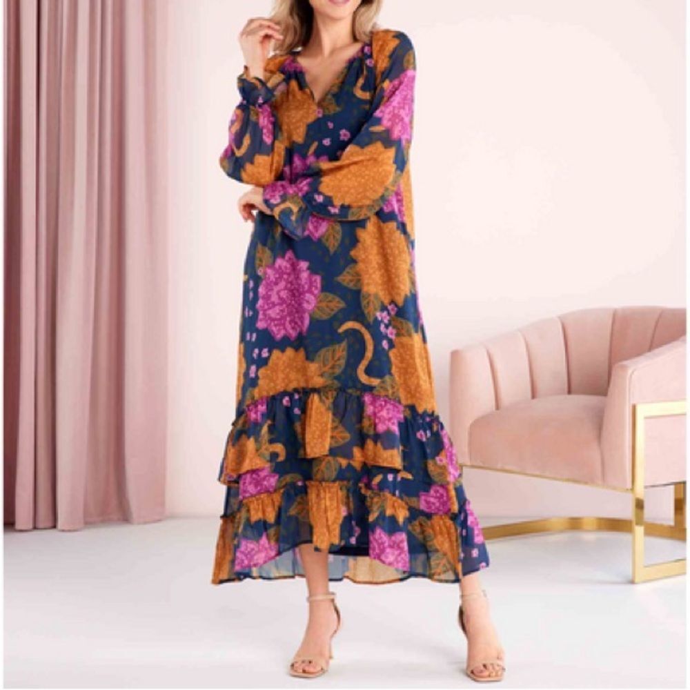 NWT Mud Pie Colleen Maxi Dress Navy Floral Ruffled Flowy Long Sleeve Size Medium